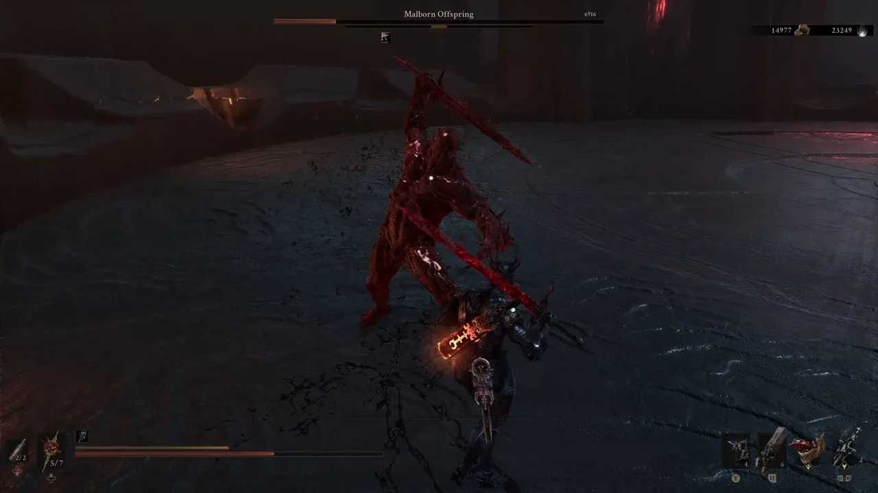 Image showing the Malborn Offspring attacking while holding his sword with one hand