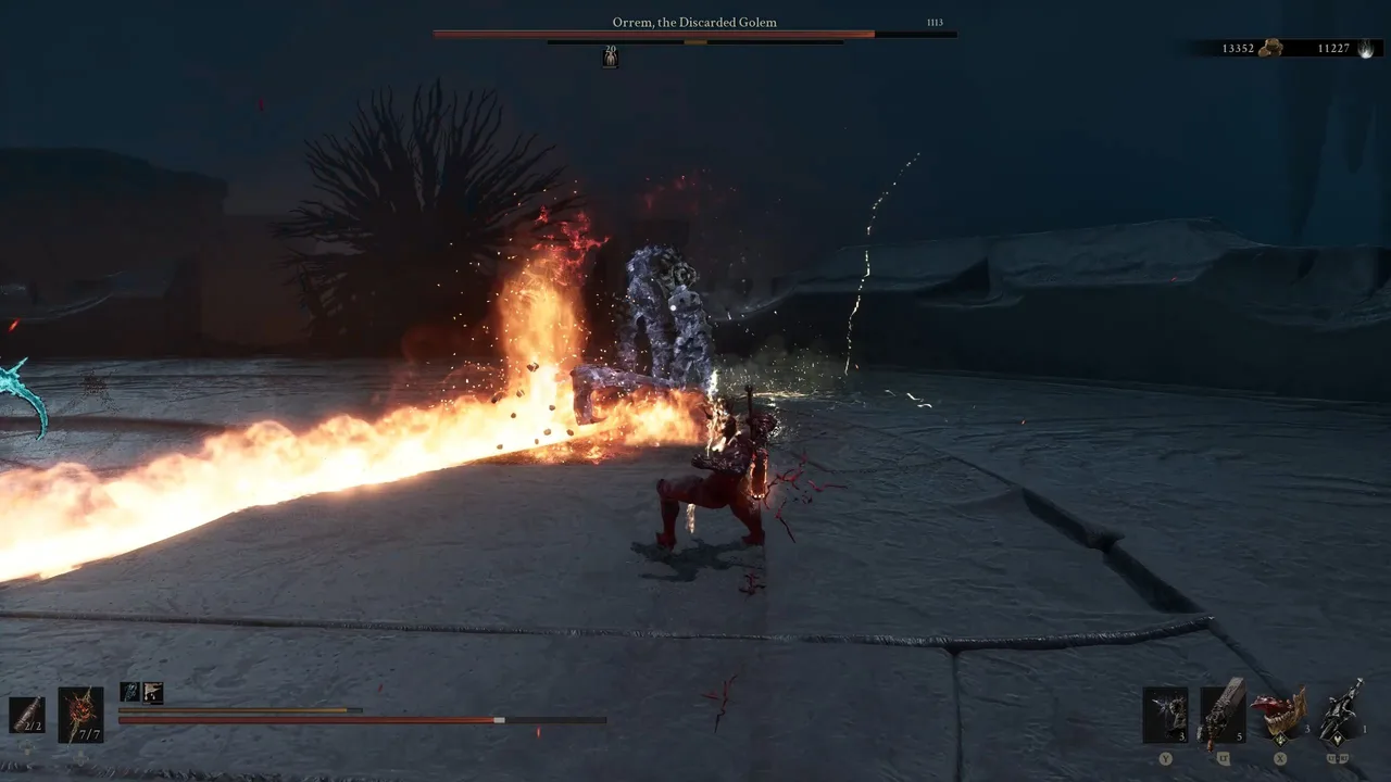 Image showing a Mortal Shell 2 player while Orrem, the Discarded Golem does an Earth Split attack