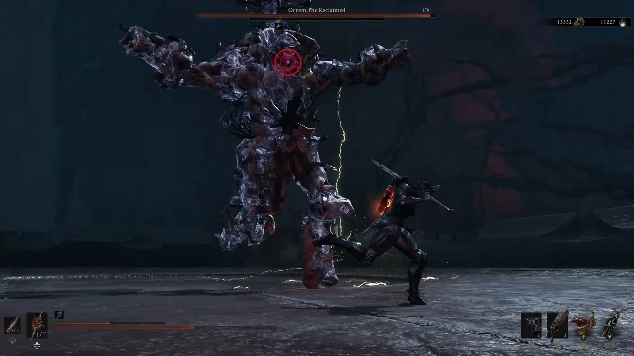 Image showing a Mortal Shell 2 player runnign away from the Body Slam move that Orrem, the Reclaimed does