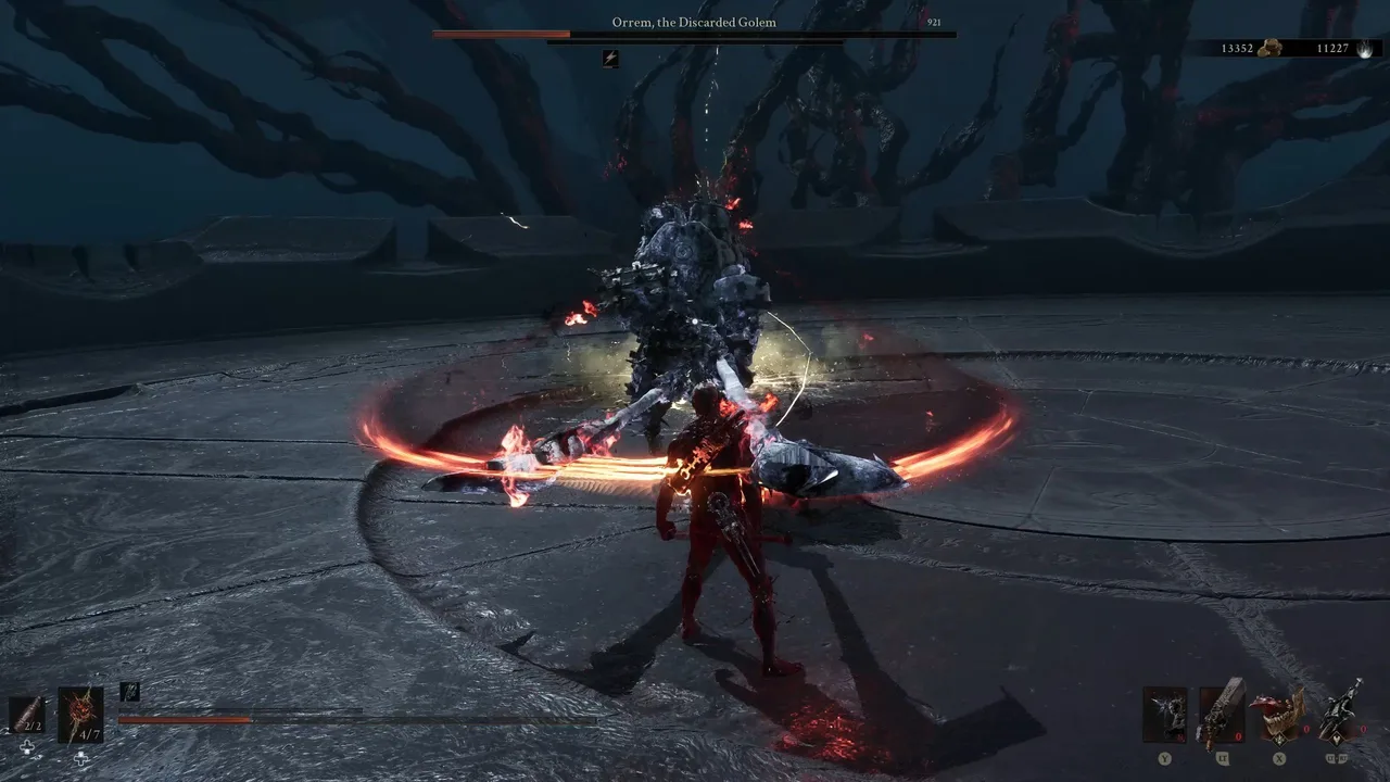 Image showing a Mortal Shell 2 player being struck by the first of three attacks in the Dual Horizontal Slash combo