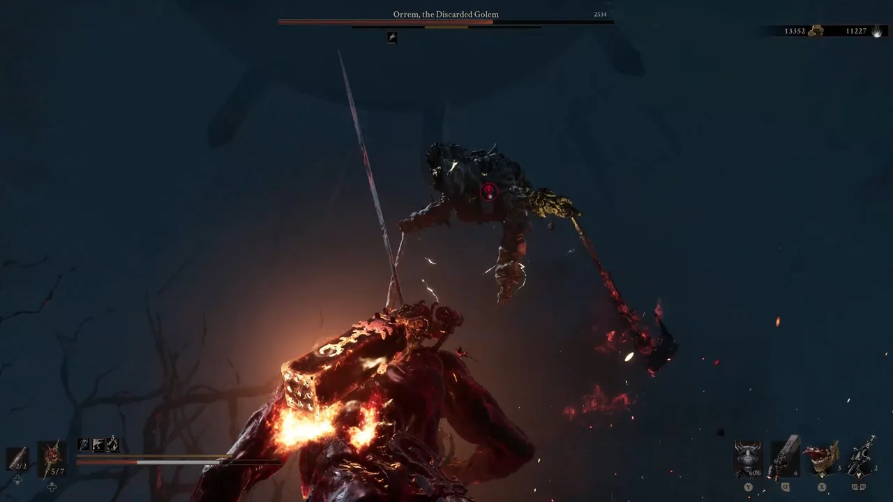 Image showing a Mortal Shell 2 player fighting Orrem, the Discarded Golem while it does a Leaping Double Slash