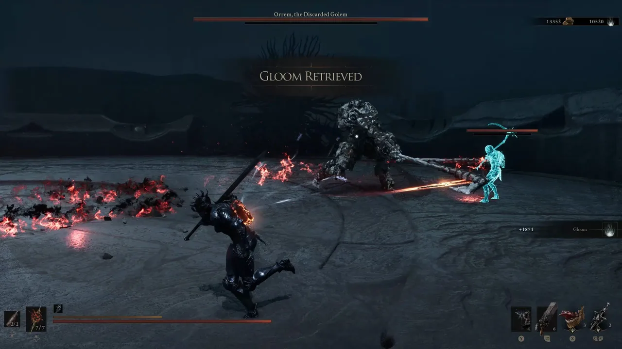 Image showing a Mortal Shell 2 player watching Orrem, the Discarded Golem doing a Running Clap attack on a summon