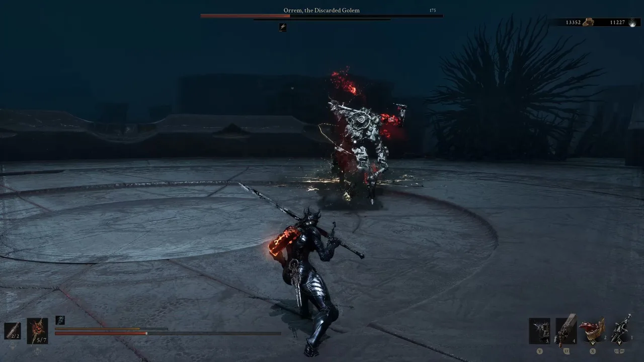 Image showing a Mortal Shell 2 player fighting Orrem the Discarded Golem while it does a Spinning Slashes attack